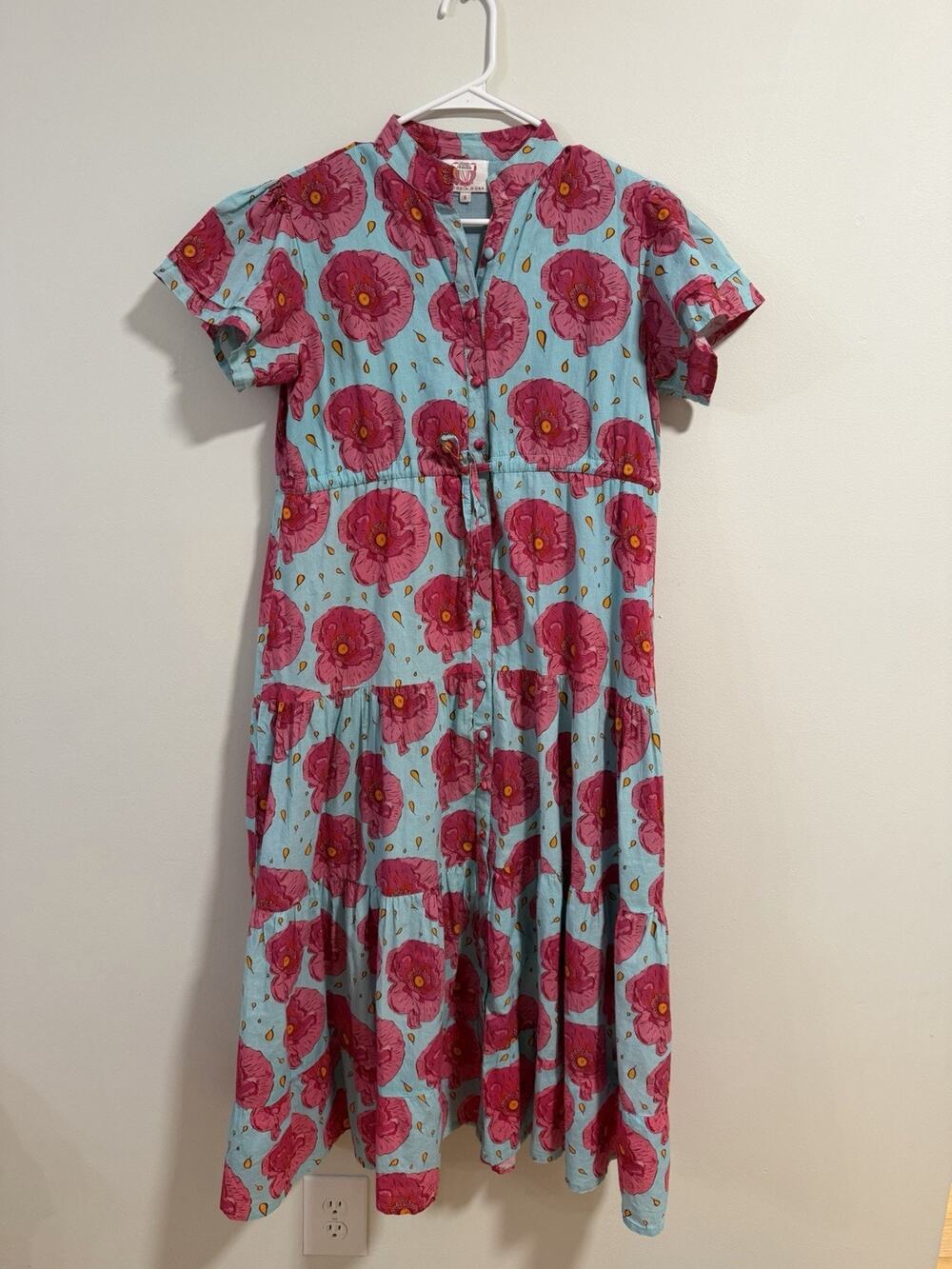 Victoria Dunn Dress S Pink Floral Cotton Tiered Maxi Boho Resort Button Front